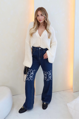 Eden blue denim embroided wide leg jeans