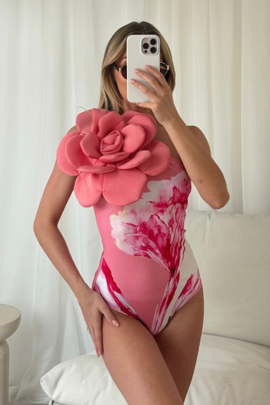 Melody pink flower shoulder swimming costume and sarong set
