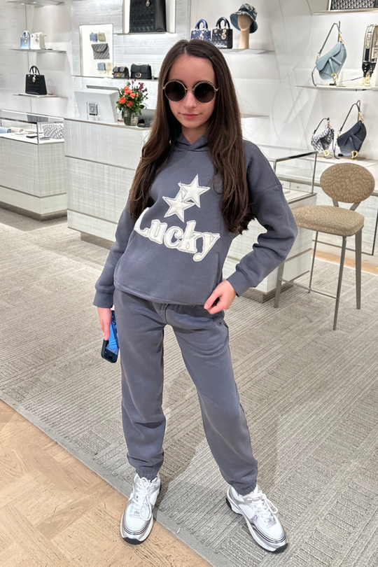 Mini Lucky steel grey embroidered hoodie and joggers