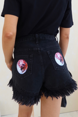 Disco ball black printed frayed denim shorts