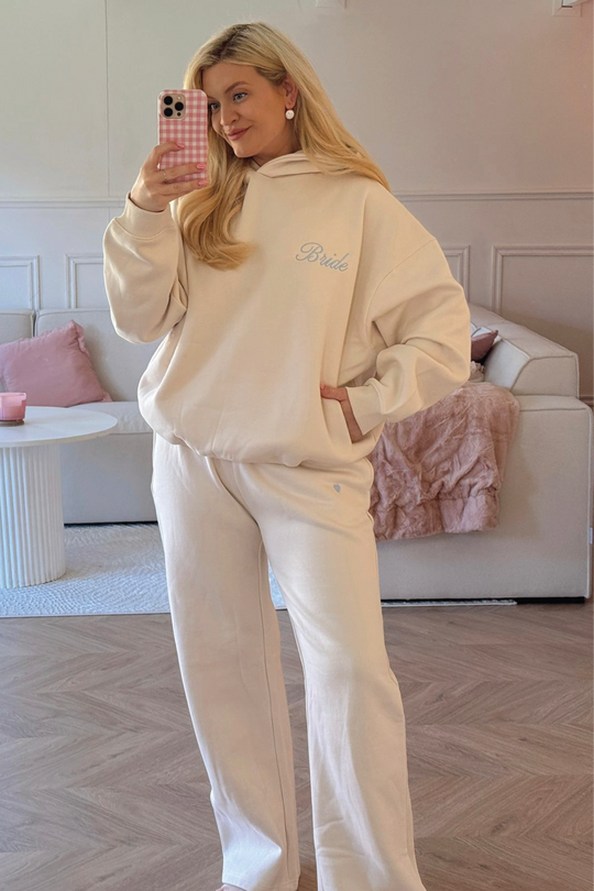 SELF LOVE SOCIETY IVORY & BLUE EMBROIDERED JOGGERS HANNAH BRIGGS