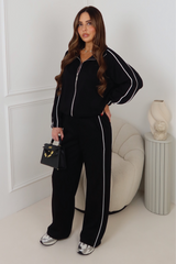 LAUREN BLACK CONTRAST PIPING ZIP JACKET TROUSER LOUNGEWEAR