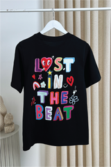 Lost in the beat black back print heavyweight t-shirt