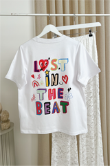 Lost in the beat white back print heavyweight oversized t-shirt