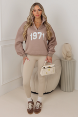 1971 mocha printed 3/4 zip sweater legging set