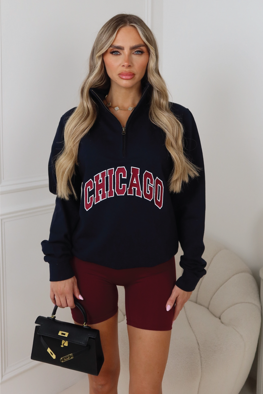 Chicago blue & burgundy embroidered 3/4 zip sweater