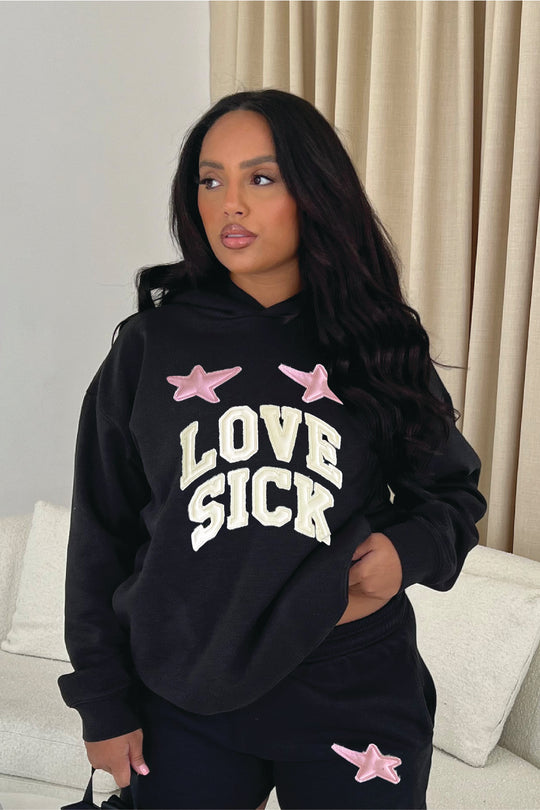 Love sick black embroidered hoodie joggers premium loungewear