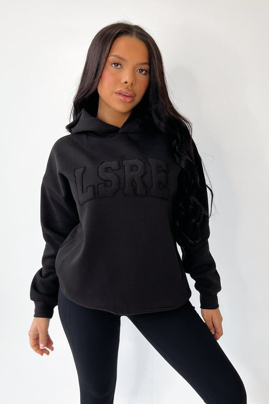 LSRE black embroidered applique premium relaxed hoodie