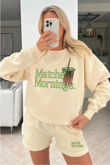 Matcha mornings ecru printed sweater shorts loungewear