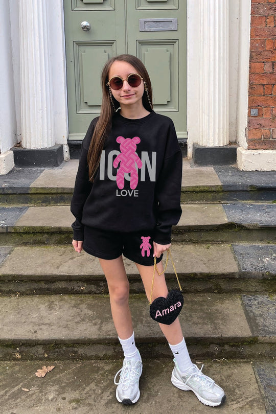 Mini black & pink icon teddy sweater short coord