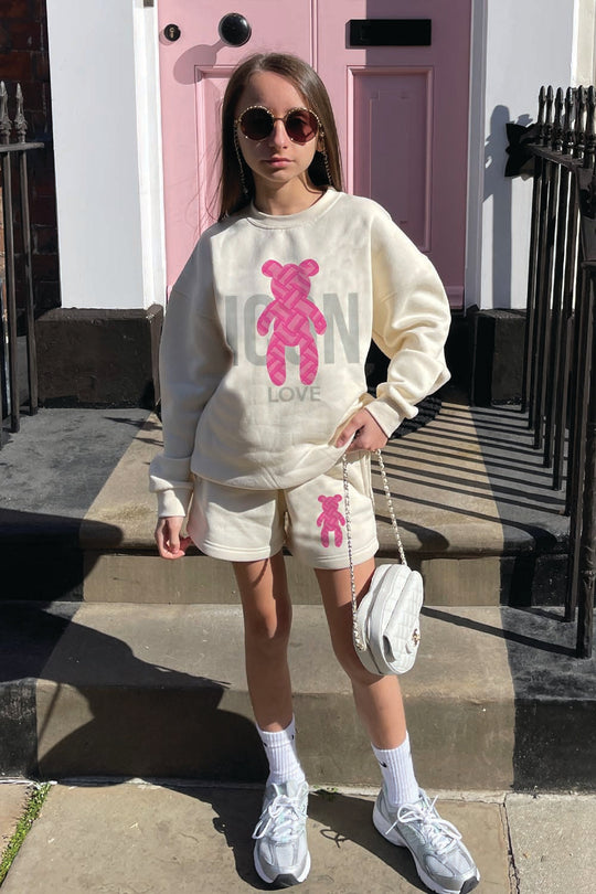 Mini ecru & pink icon teddy sweater short coord