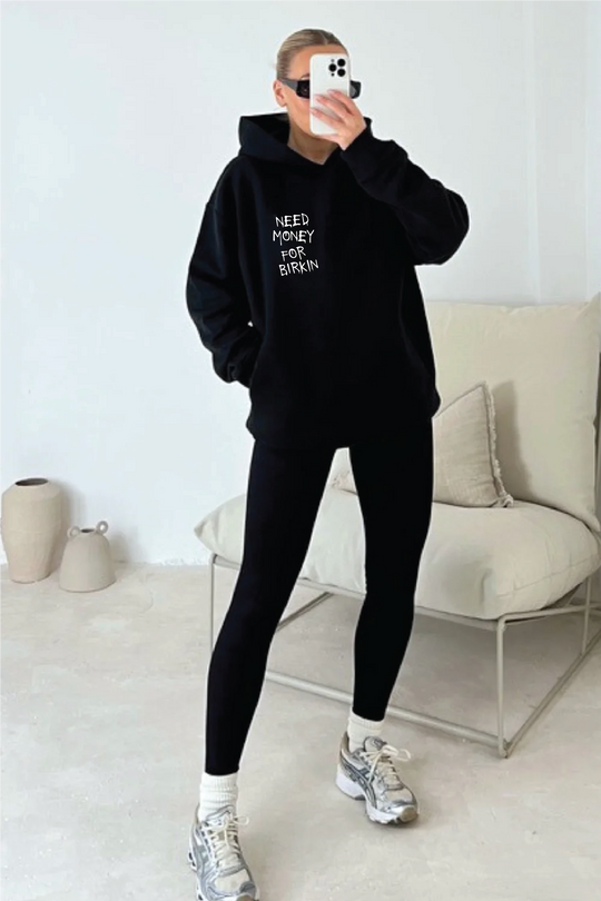 Need money bag BLACK printed premium relaxed hoodie