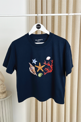 Seashell navy printed boxy fit t-shirt