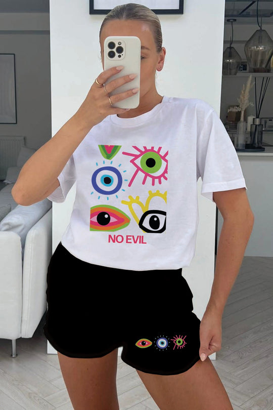 No Evil white & Black printed short tee coord