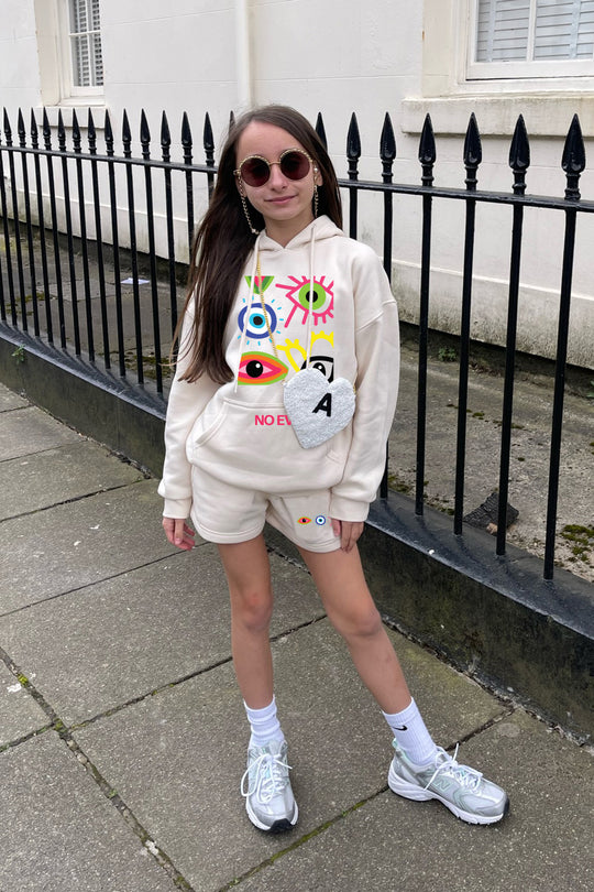 No Evil ecru Mini essential hoodie shorts loungewear set