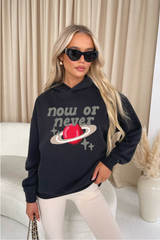 Now or never black printed  relaxed hoodie