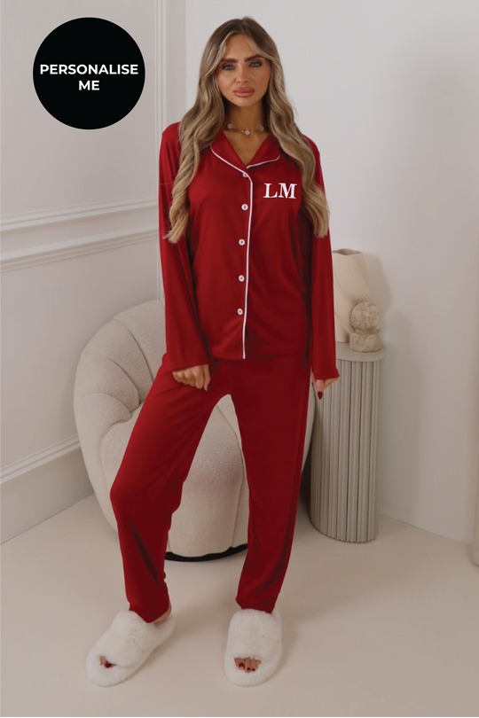 PERSONALISED EMBROIDERED PREMIUM JERSEY BURGUNDY CLASSIC PIPING PYJAMA SET