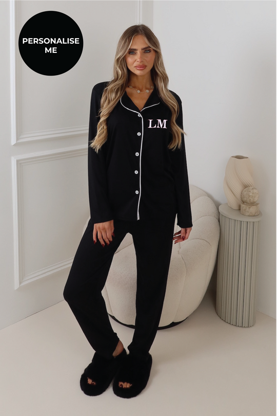 PERSONALISED EMBROIDERED PREMIUM JERSEY BLACK CLASSIC PIPING PYJAMA SET