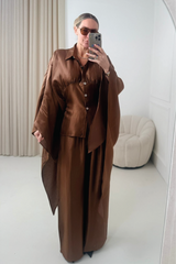 ROSALINA CHOCOLATE CAPE TOP AND MATCHING DRAWSTRING TROUSERS CO ORD TWO PIECE SET