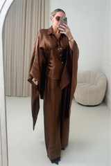 ROSALINA CHOCOLATE CAPE TOP AND MATCHING DRAWSTRING TROUSERS CO ORD TWO PIECE SET