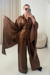 ROSALINA CHOCOLATE CAPE TOP AND MATCHING DRAWSTRING TROUSERS CO ORD TWO PIECE SET