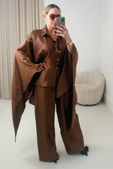 ROSALINA CHOCOLATE CAPE TOP AND MATCHING DRAWSTRING TROUSERS CO ORD TWO PIECE SET