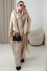ROSALINA CHAMPAGNE CAPE TOP AND MATCHING DRAWSTRING TROUSERS CO ORD TWO PIECE SET