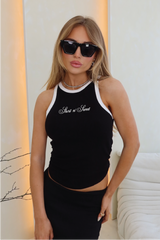 Short n Sweet black embroidered ribbed vest