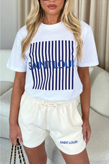 Saint Louis Blue & Ecru Embroidered Premium Short Tee Coord Co Ord