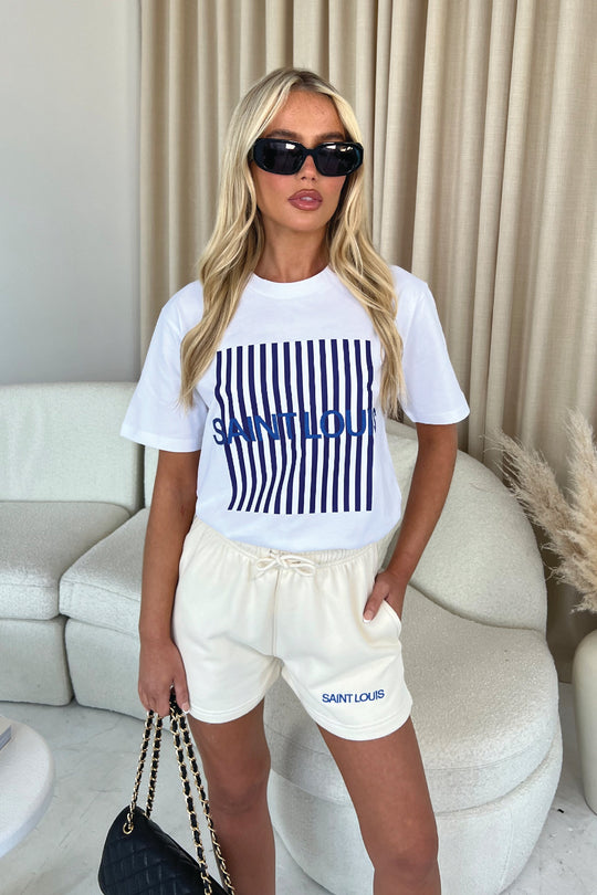 Saint louis blue & ecru embroidered premium short tee coord