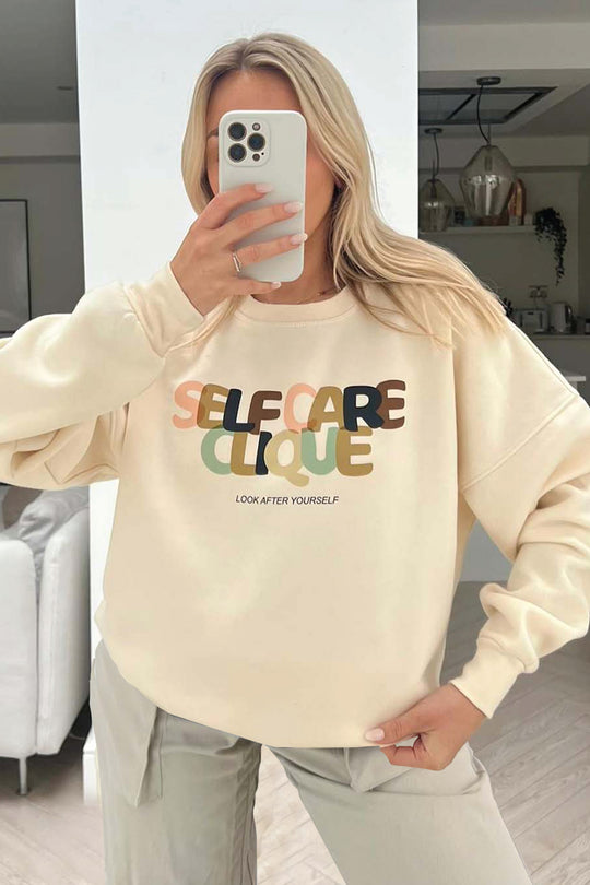 Self Care Clique Ecru printed sweater premium essentials