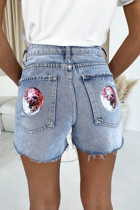 Disco ball printed light blue denim shorts