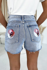 Disco ball printed light blue denim shorts