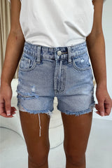 Disco ball printed light blue denim shorts