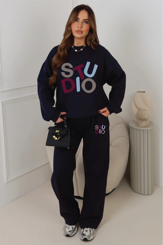 Studio multi colour printed navy sweater & straight leg jogger set