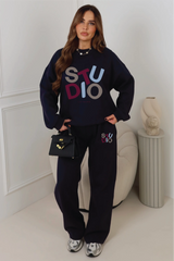 Studio multi colour printed navy sweater & straight leg jogger set