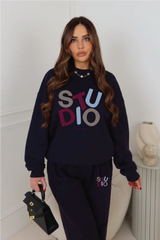 Studio multi colour printed navy sweater & straight leg jogger set