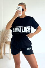 Saint Lucia Black Printed Premium Short T-Shirt Coord Co Ord