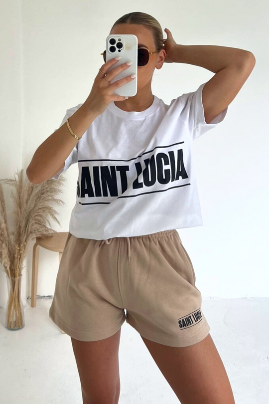 Saint lucia white and stone printed premium short t-shirt coord