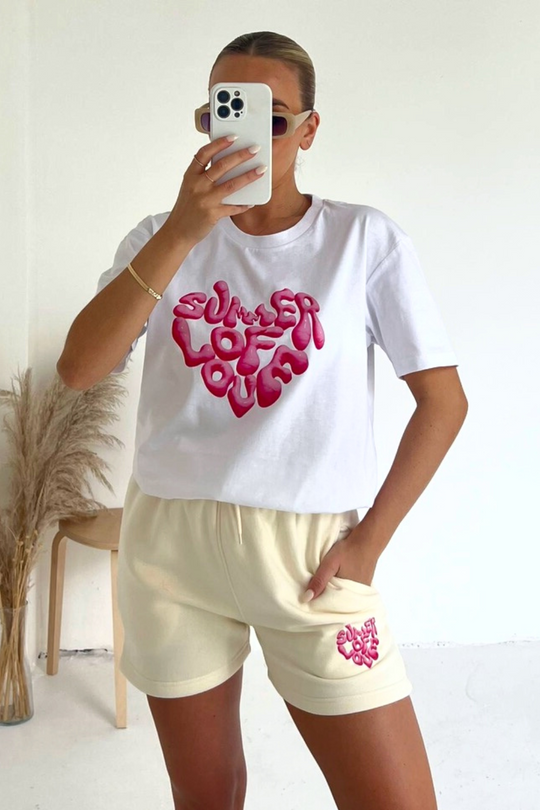 Summer of love white and ecru printed premium short t-shirt coord