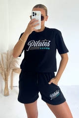 Pilates Black Embroidered Premium Short T-Shirt Coord Co Ord