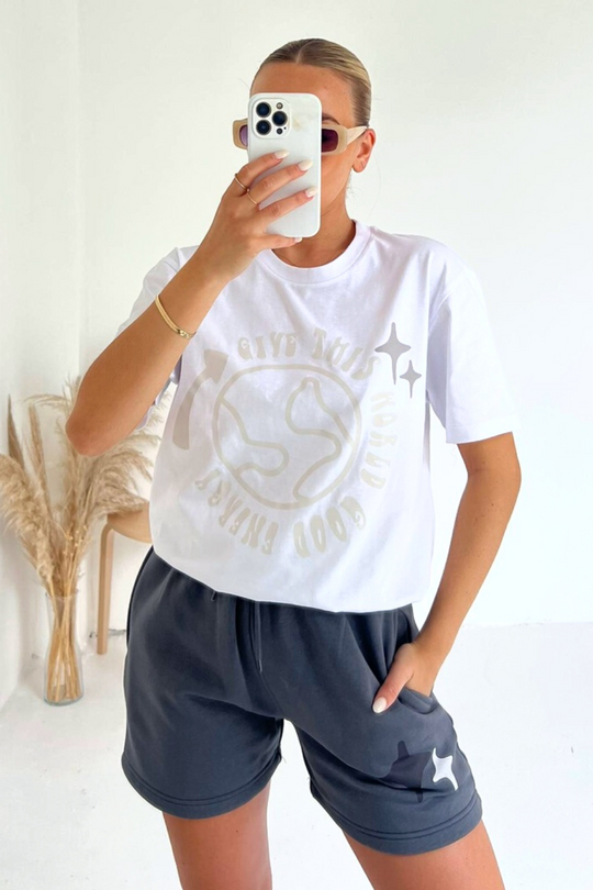 Good energy white and steel grey printed premium short t-shirt coord
