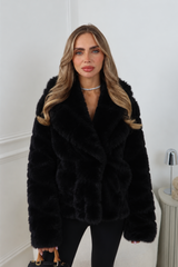 MARKIE BLACK BELTED FAUX FUR HOODED COAT