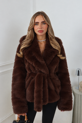 MARKIE CHOCOLATE BELTED FAUX FUR HOODED COAT