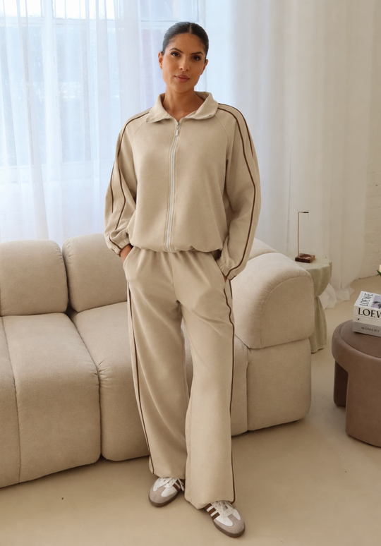 Lauren beige and chocolate piping zip jacket & trouser loungewear