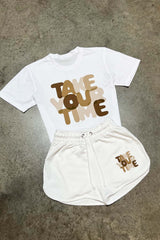 Take Your Time White Printed Short Tee Coord Co Ord