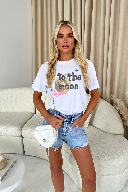 To the moon White printed tee