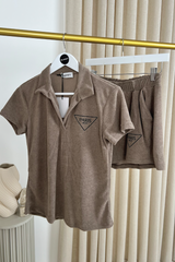Paris mocha embroidered towelling polo shorts co-ord