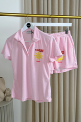 Capri pink embroidered towelling polo shorts co-ord