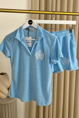 St Moritz blue embroidered towelling polo shorts co-ord